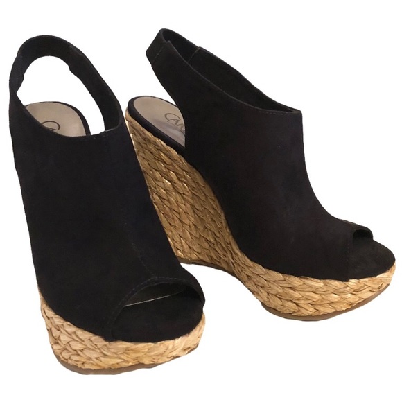 Carlos Santana Black Suede Leather Peep Toe Slingback Espadrille Wedges Sz 6.5 - Picture 2 of 7